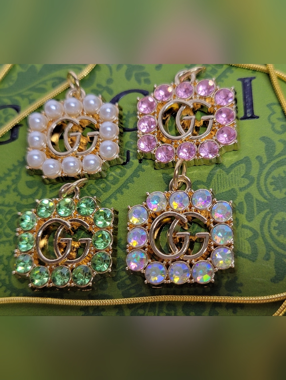 5 Piece Lot Gucci Gold/Crystal Zip Pulls, Gold Plated 18" Chain